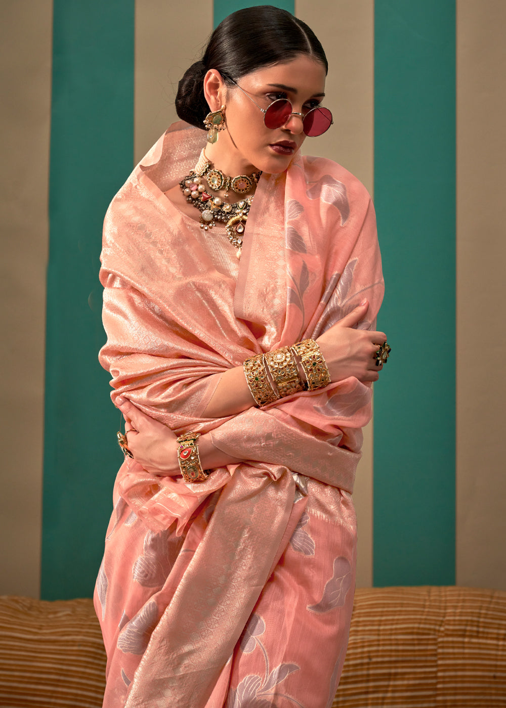 Peach Woven Cotton Silk Blend Linen Saree with Unstitched Blouse