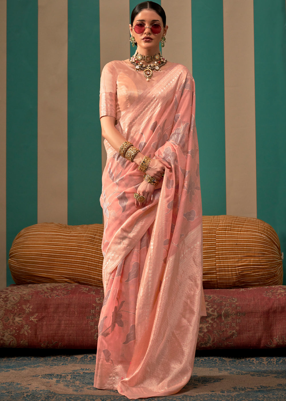 Peach Woven Cotton Silk Blend Linen Saree with Unstitched Blouse
