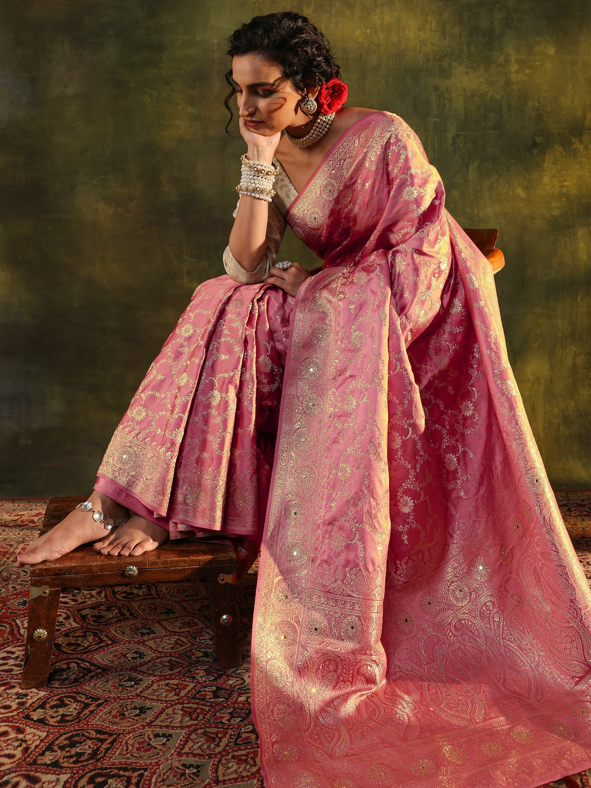 Anouk Peach Woven Design Satin Banarasi Saree With Unstitched Blouse Piece