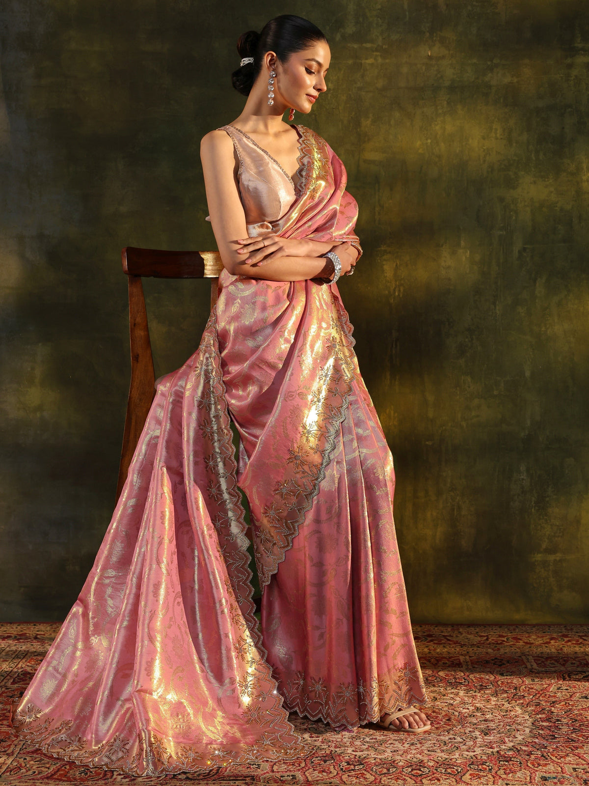 Anouk Peach Woven Design Silk Banarasi Saree With Unstitched Blouse Piece