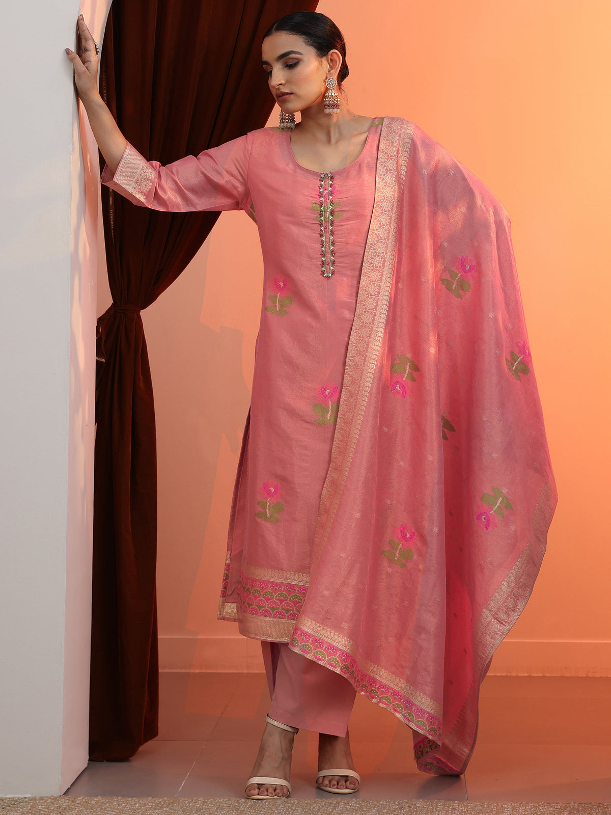 Anouk Peach Woven Design Silk Blend Straight Suit Set With Dupatta