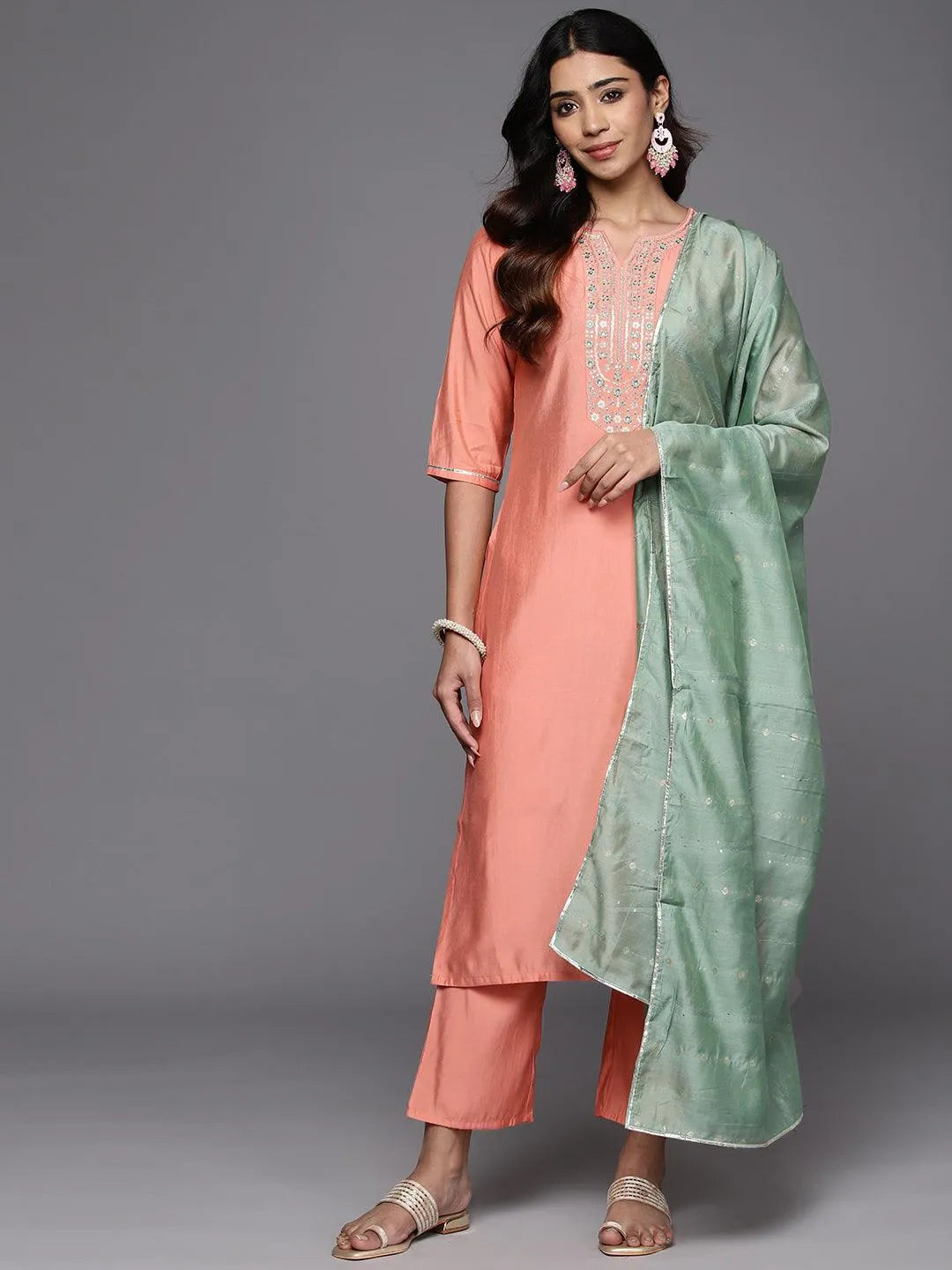 Anouk Peach Yoke Design Silk Blend Straight Suit With Dupatta