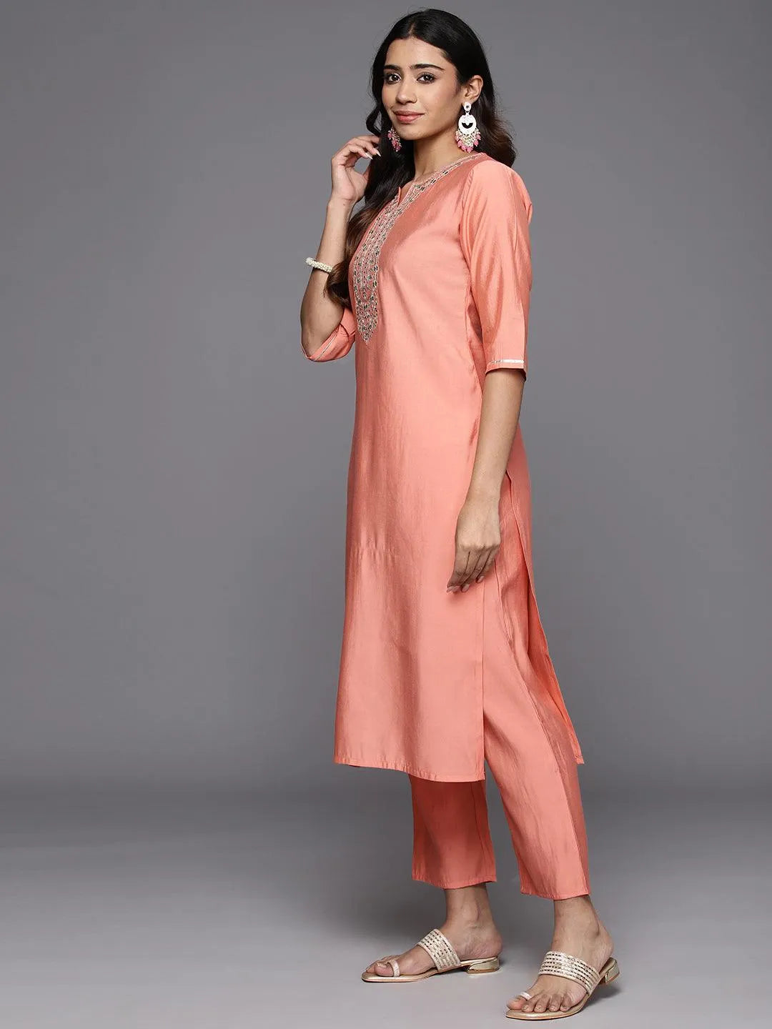 Anouk Peach Yoke Design Silk Blend Straight Suit With Dupatta