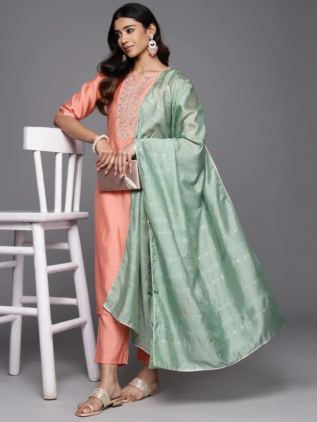 Anouk Peach Yoke Design Silk Blend Straight Suit With Dupatta