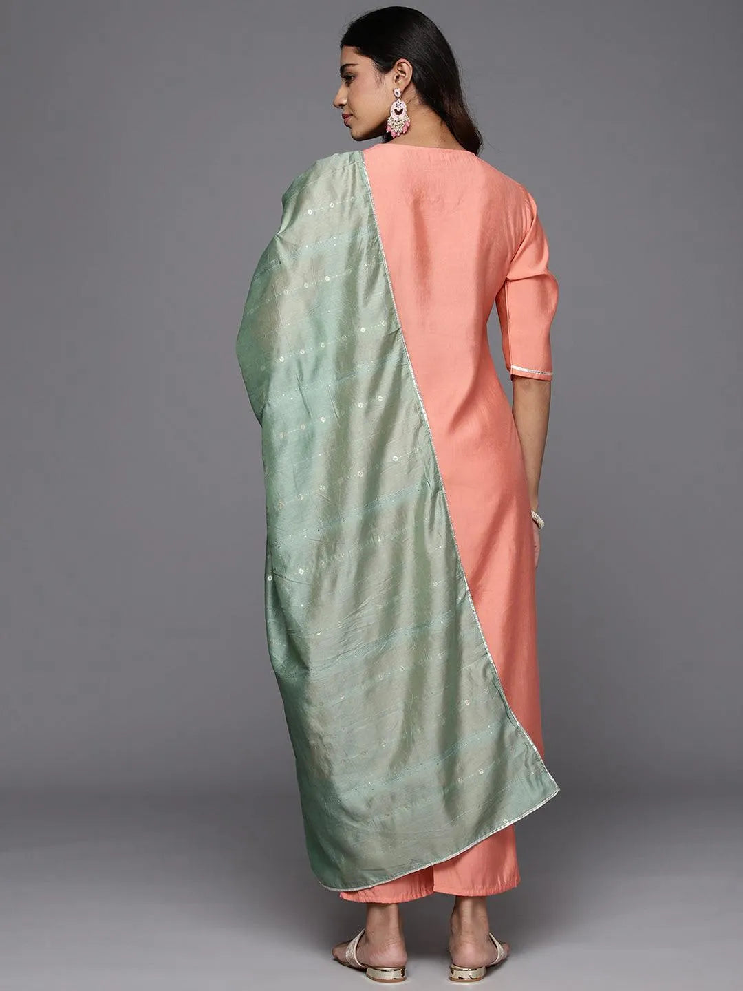 Anouk Peach Yoke Design Silk Blend Straight Suit With Dupatta
