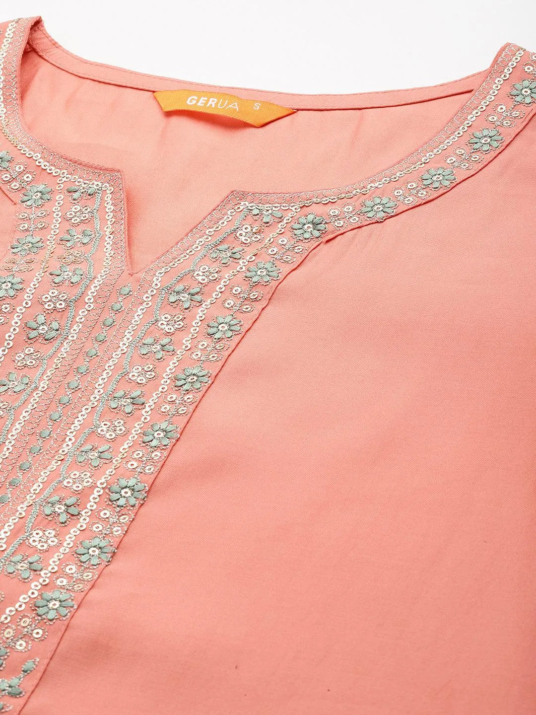 Anouk Peach Yoke Design Silk Blend Straight Suit With Dupatta