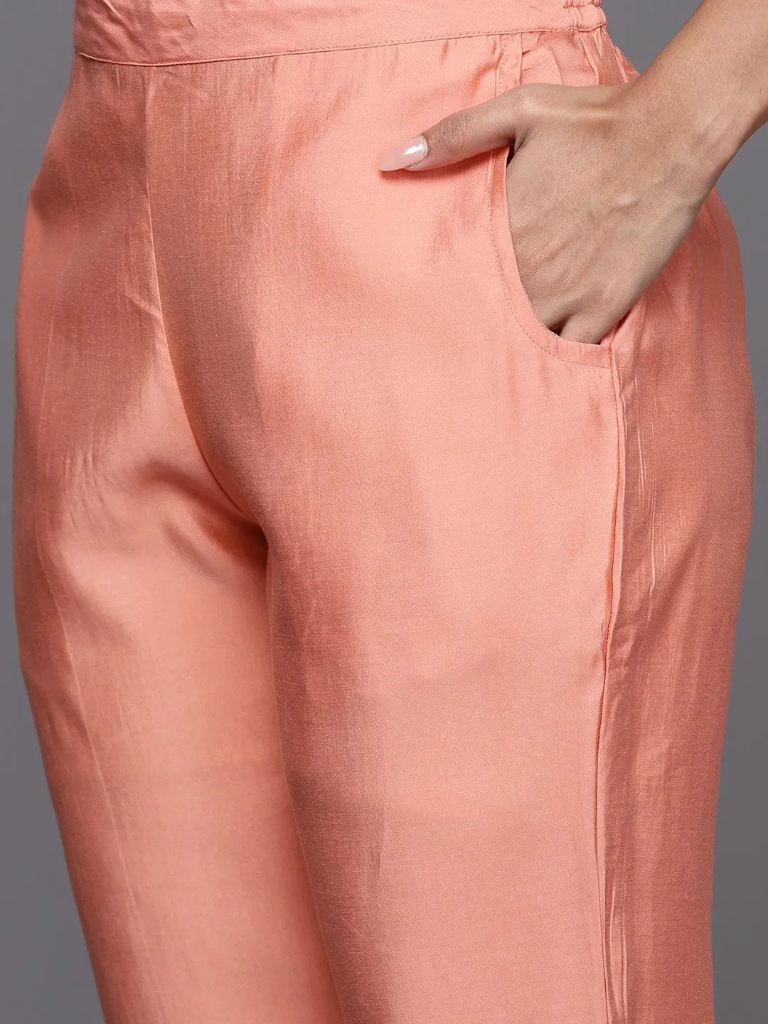 Anouk Peach Yoke Design Silk Blend Straight Suit With Dupatta