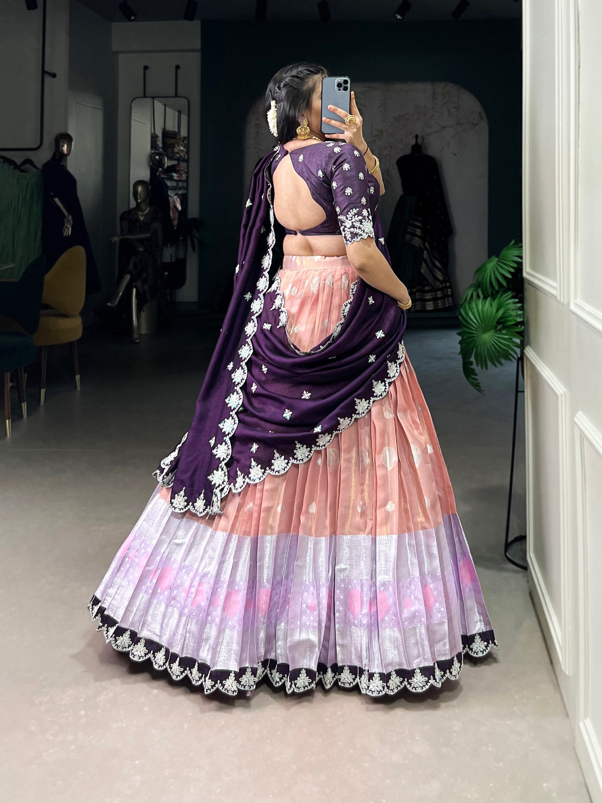 Peach Zari Kota Embroidered Lehenga Set with Vichitra Silk Dupatta – Sequins & Thread Work, Unstitched Blouse