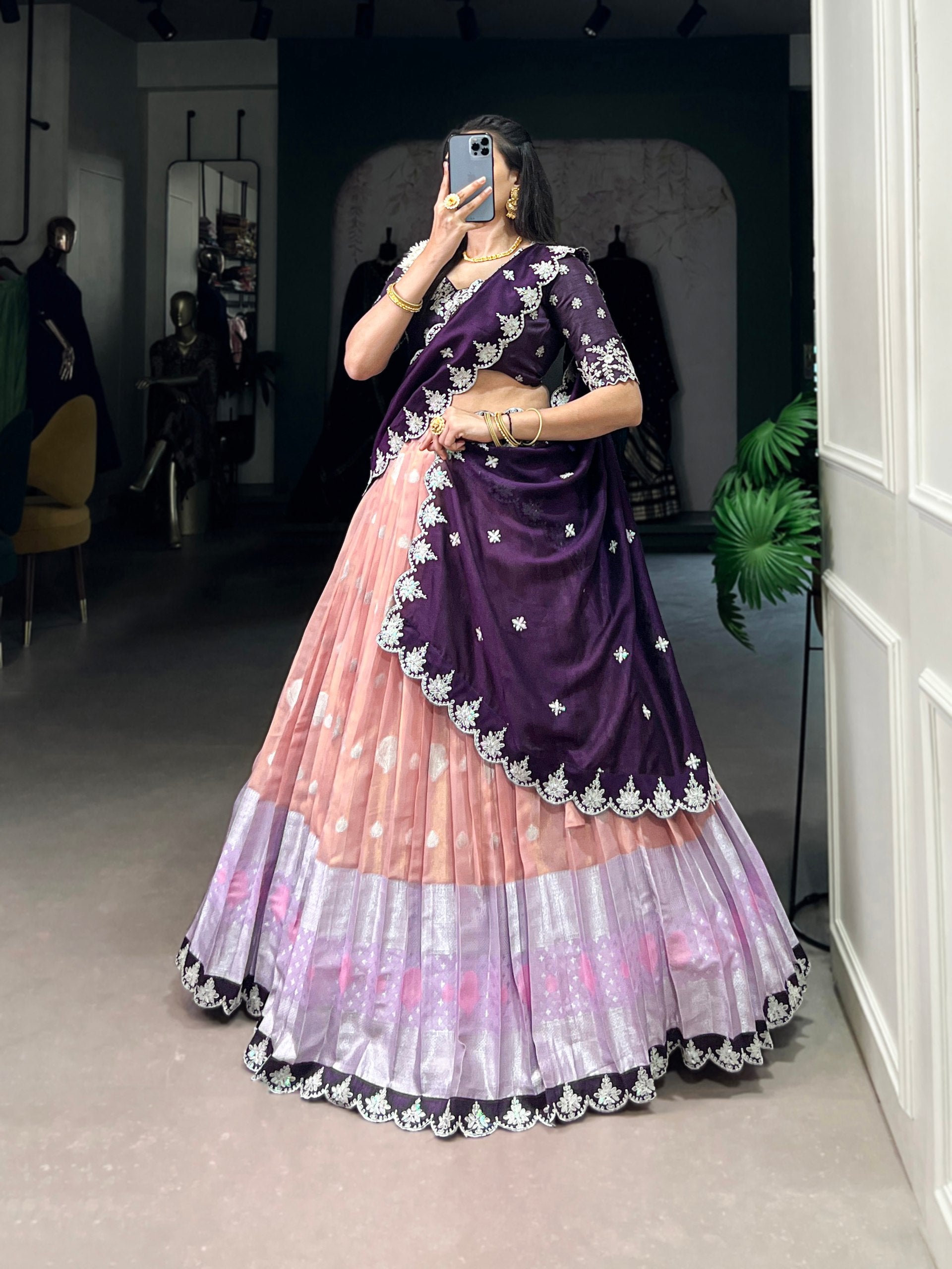 Peach Zari Kota Embroidered Lehenga Set with Vichitra Silk Dupatta – Sequins & Thread Work, Unstitched Blouse