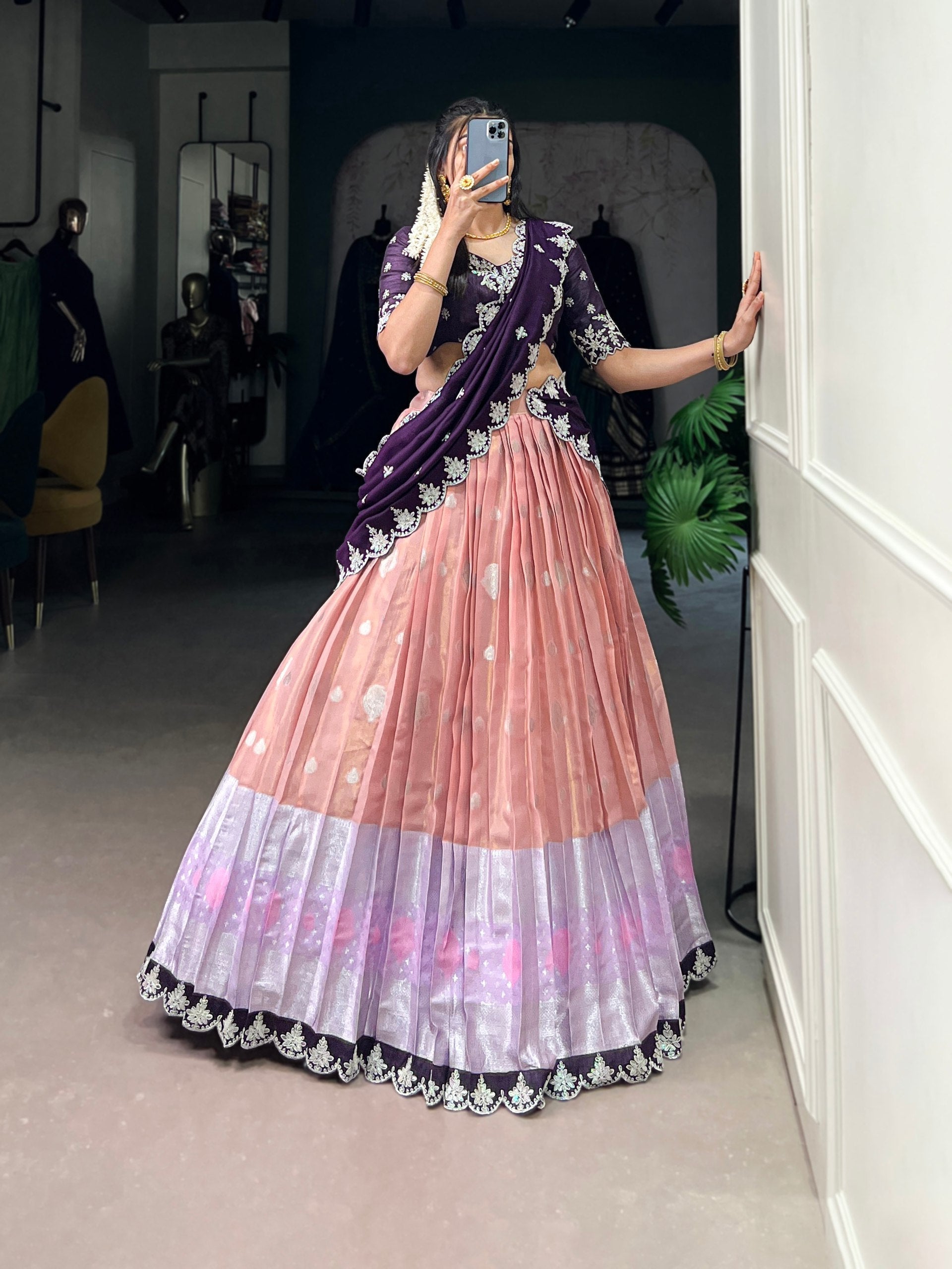 Peach Zari Kota Embroidered Lehenga Set with Vichitra Silk Dupatta – Sequins & Thread Work, Unstitched Blouse
