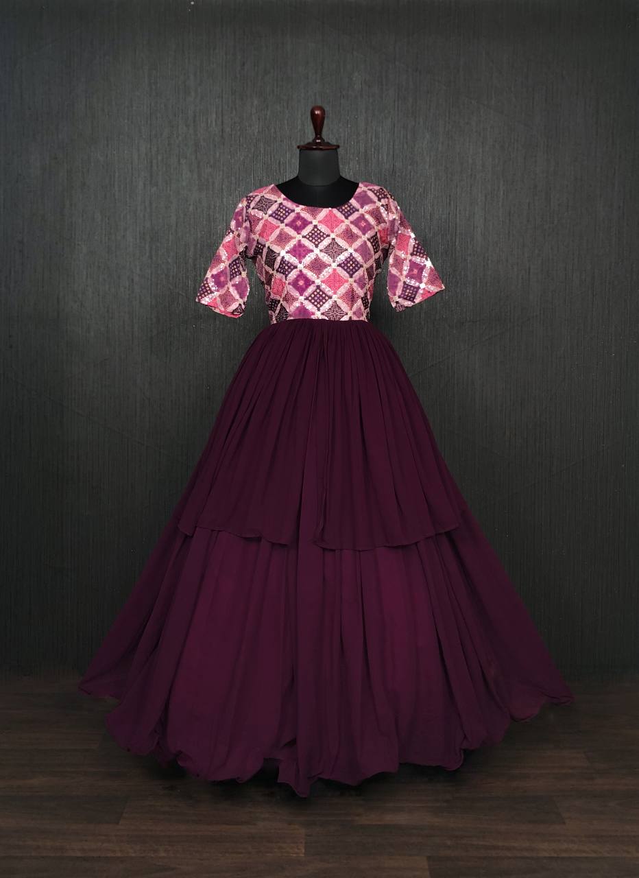 Unique Wine Color Waist Pleat stitching Gown