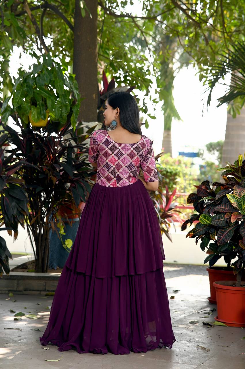 Unique Wine Color Waist Pleat stitching Gown