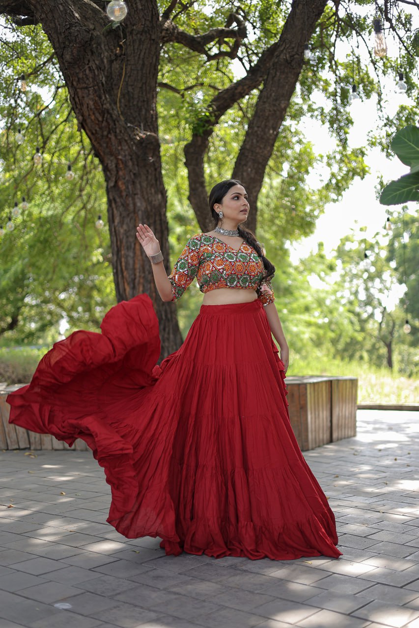 Beautiful Work Blouse With Red Ruffle Style Lehenga