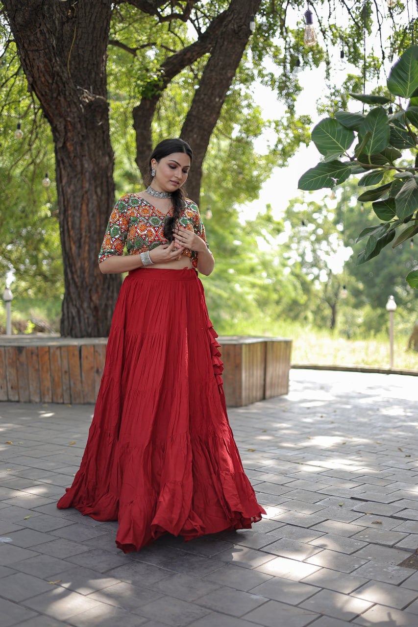 Beautiful Work Blouse With Red Ruffle Style Lehenga