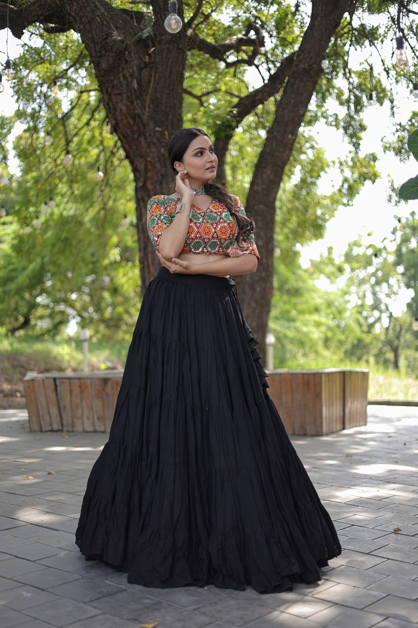 Beautiful Work Blouse With Black Ruffle Style Lehenga