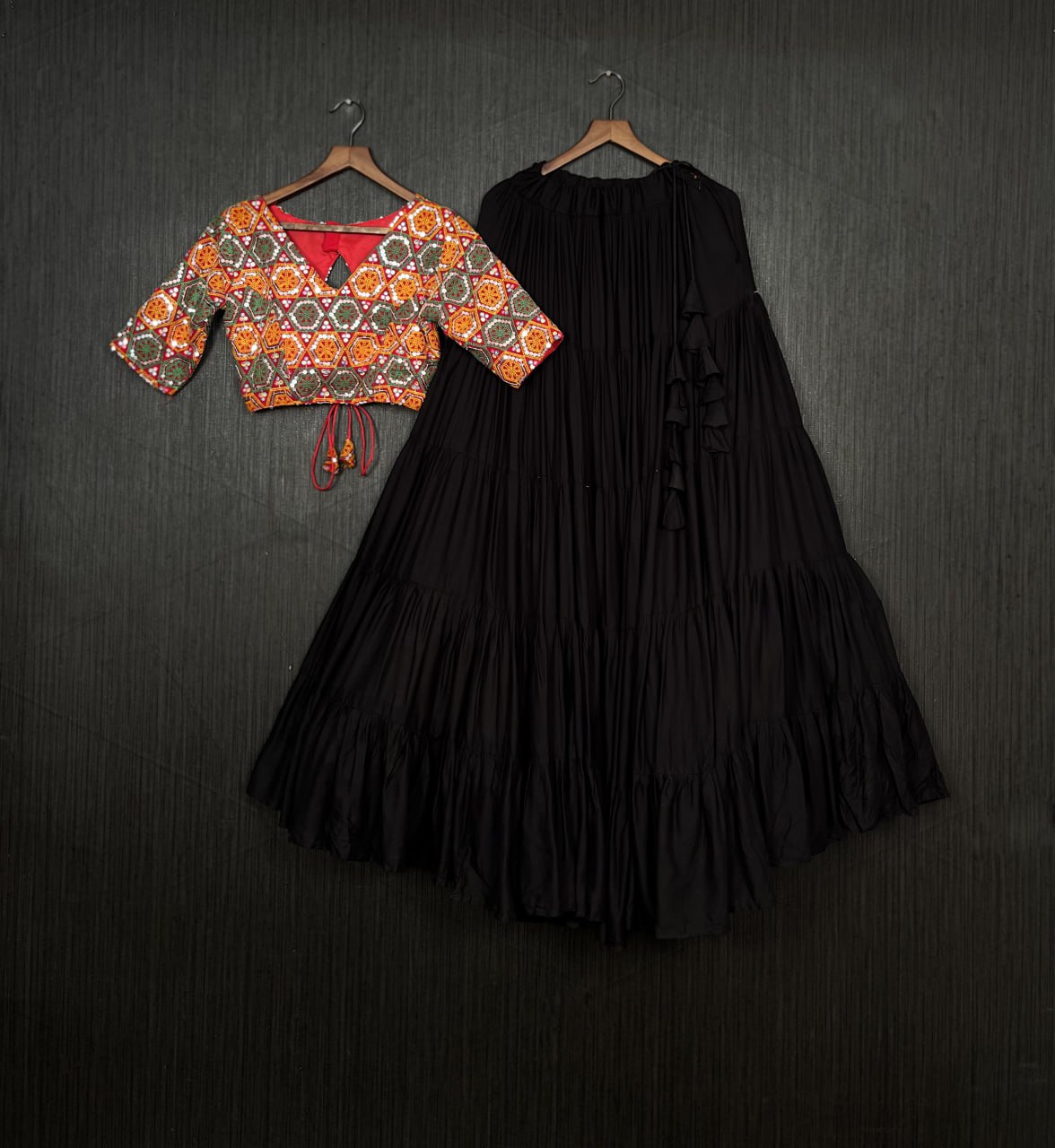 Beautiful Work Blouse With Black Ruffle Style Lehenga