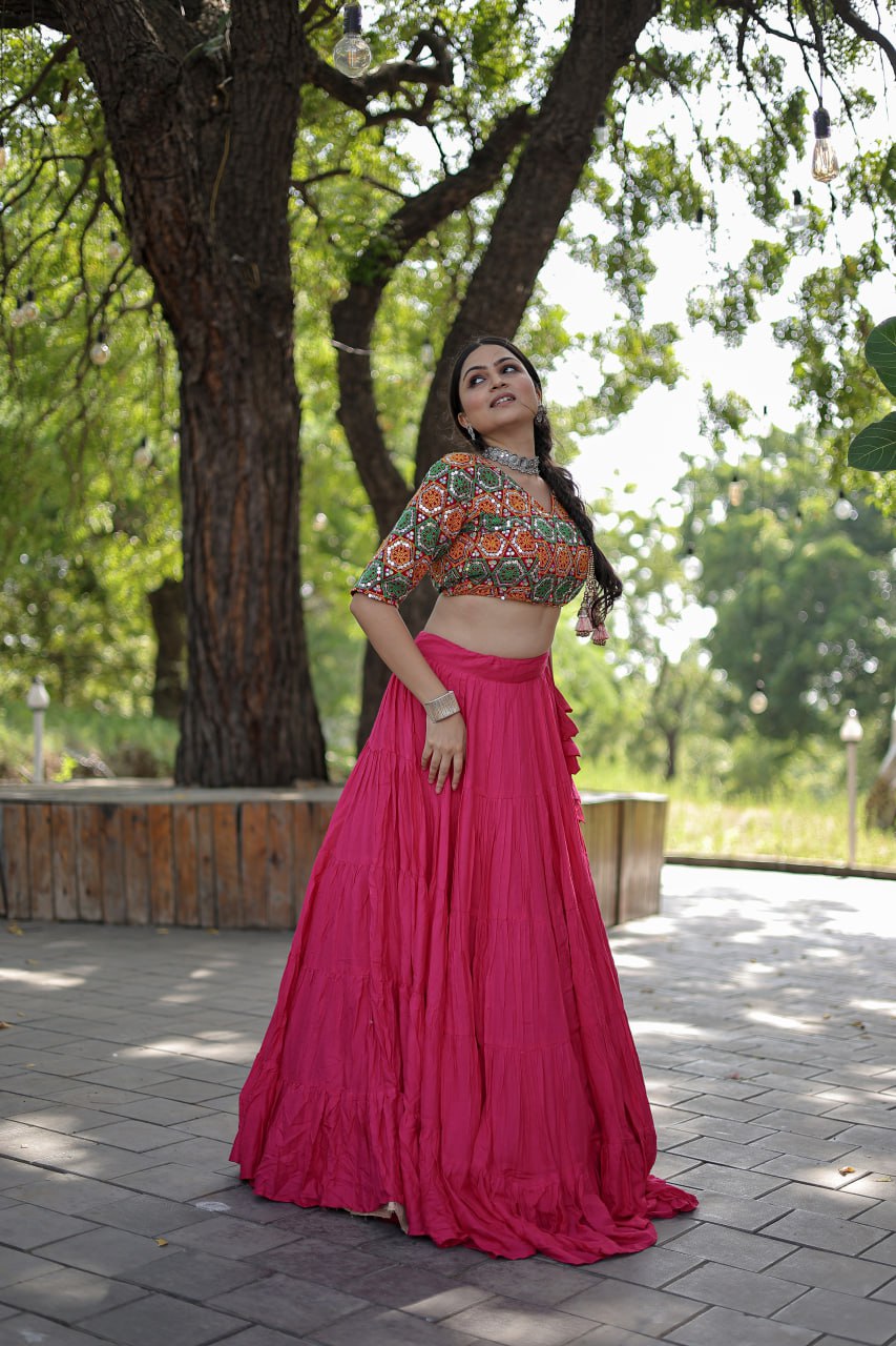 Beautiful Work Blouse With Pink Ruffle Style Lehenga