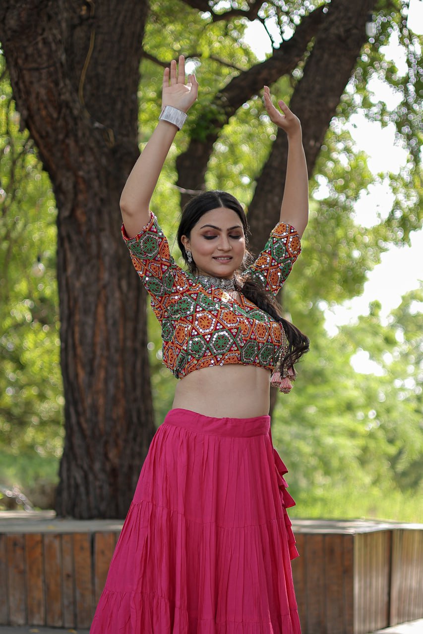 Beautiful Work Blouse With Pink Ruffle Style Lehenga