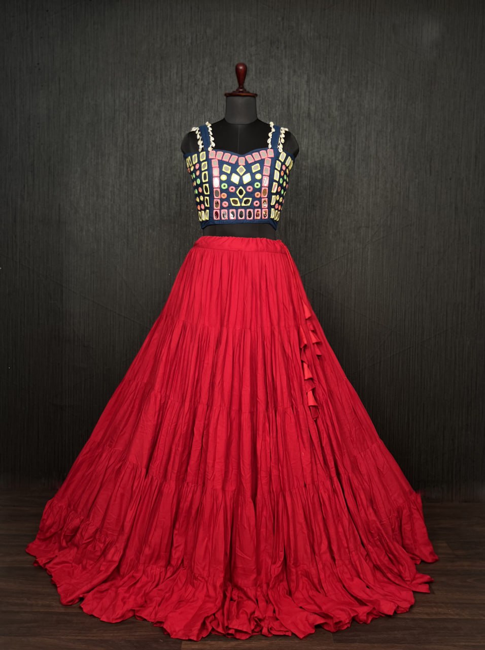 Red Lehenga & Navy Blue Choli Set Designer Rayon  with Real Mirror & Kodi Work
