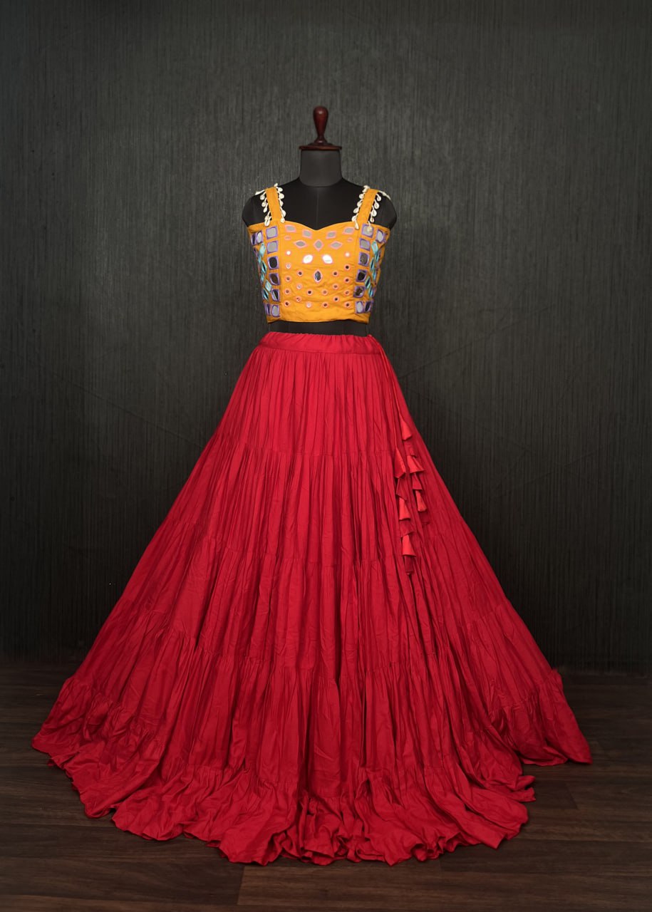 Red Lehenga & Yellow Choli Set Designer Rayon with Real Mirror & Kodi Work