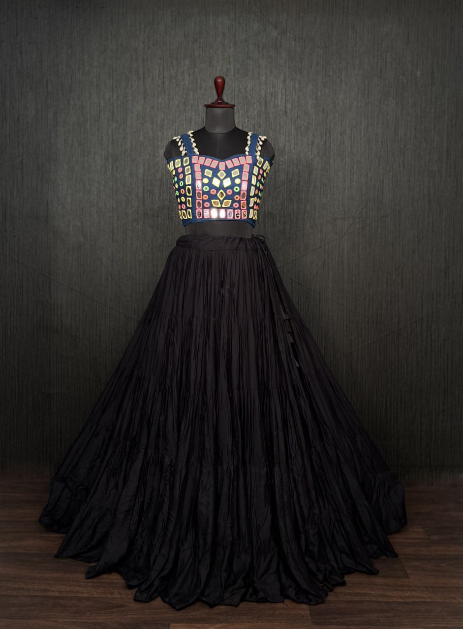 Black Lehenga & Navy Blue Choli Set Designer Rayon  with Real Mirror & Kodi Work