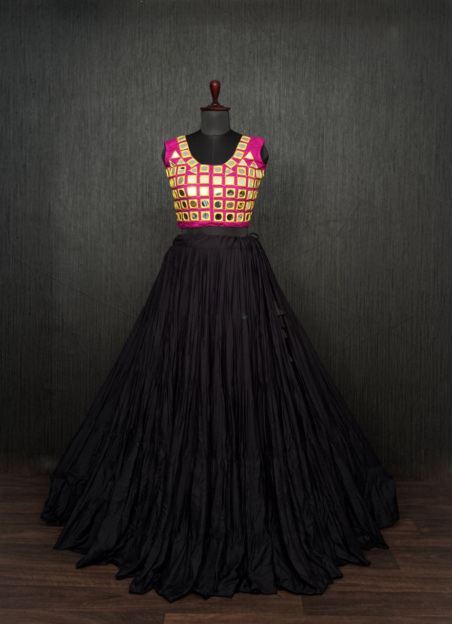 Black Lehenga & Pink Choli Set Designer Rayon  with Real Mirror & Kodi Work