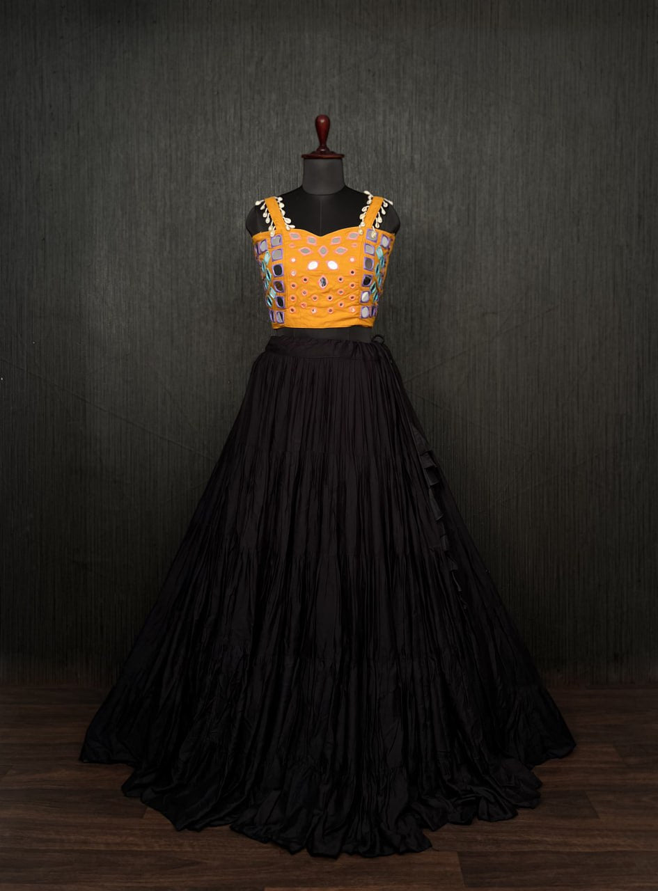 Black Lehenga & Yellow Choli Set Designer Rayon  with Real Mirror & Kodi Work