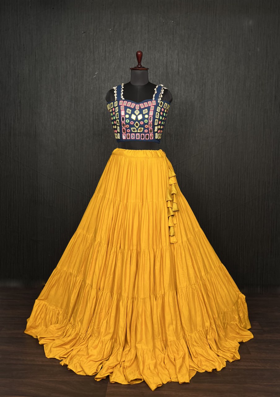 Yellow Lehenga & Navy Blue Choli Set Designer Rayon  with Real Mirror & Kodi Work