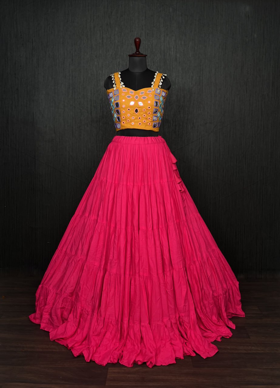 Pink Lehenga & Yellow Choli Set Designer Rayon  with Real Mirror & Kodi Work