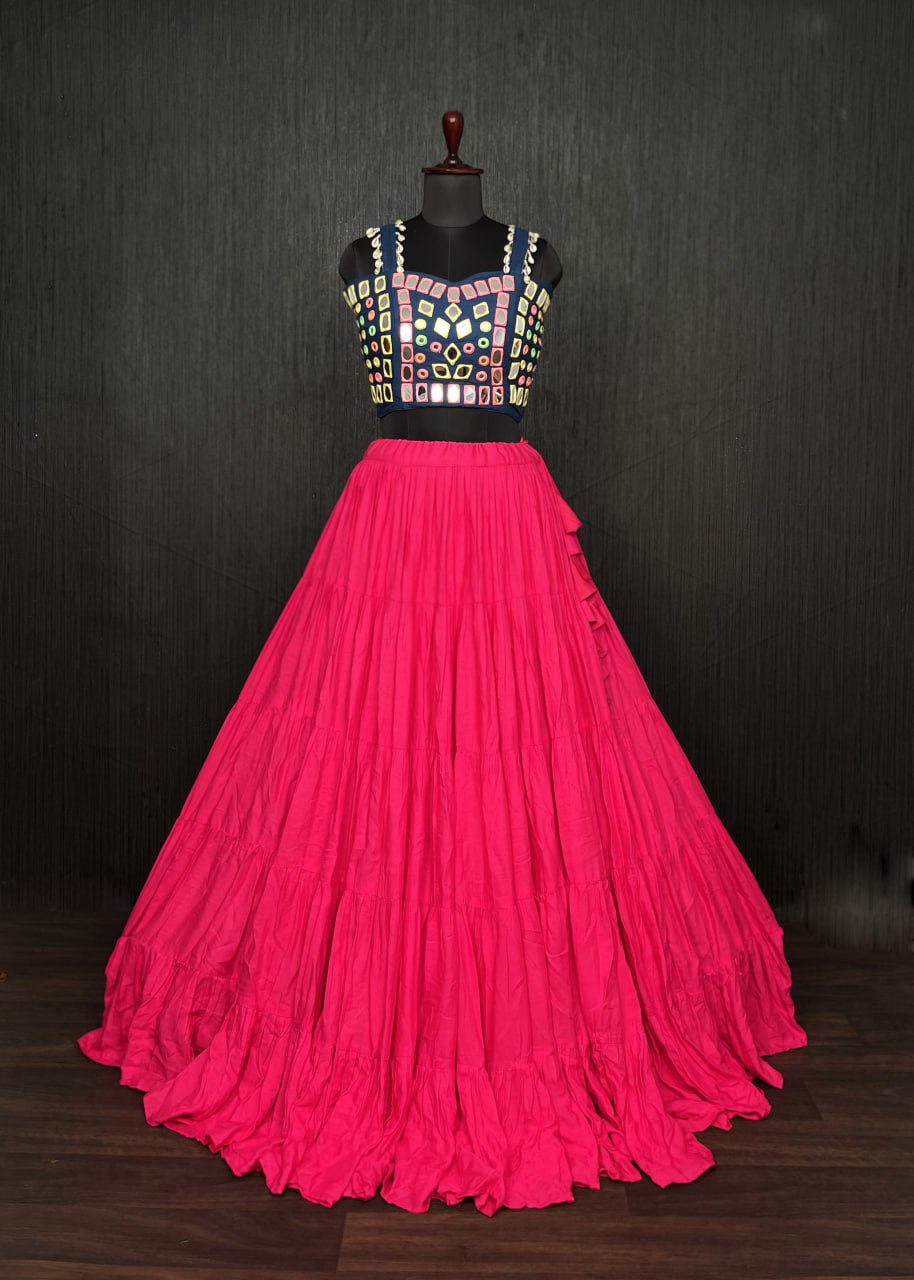 Pink Lehenga & Navy Blue Choli Set Designer Rayon  with Real Mirror & Kodi Work