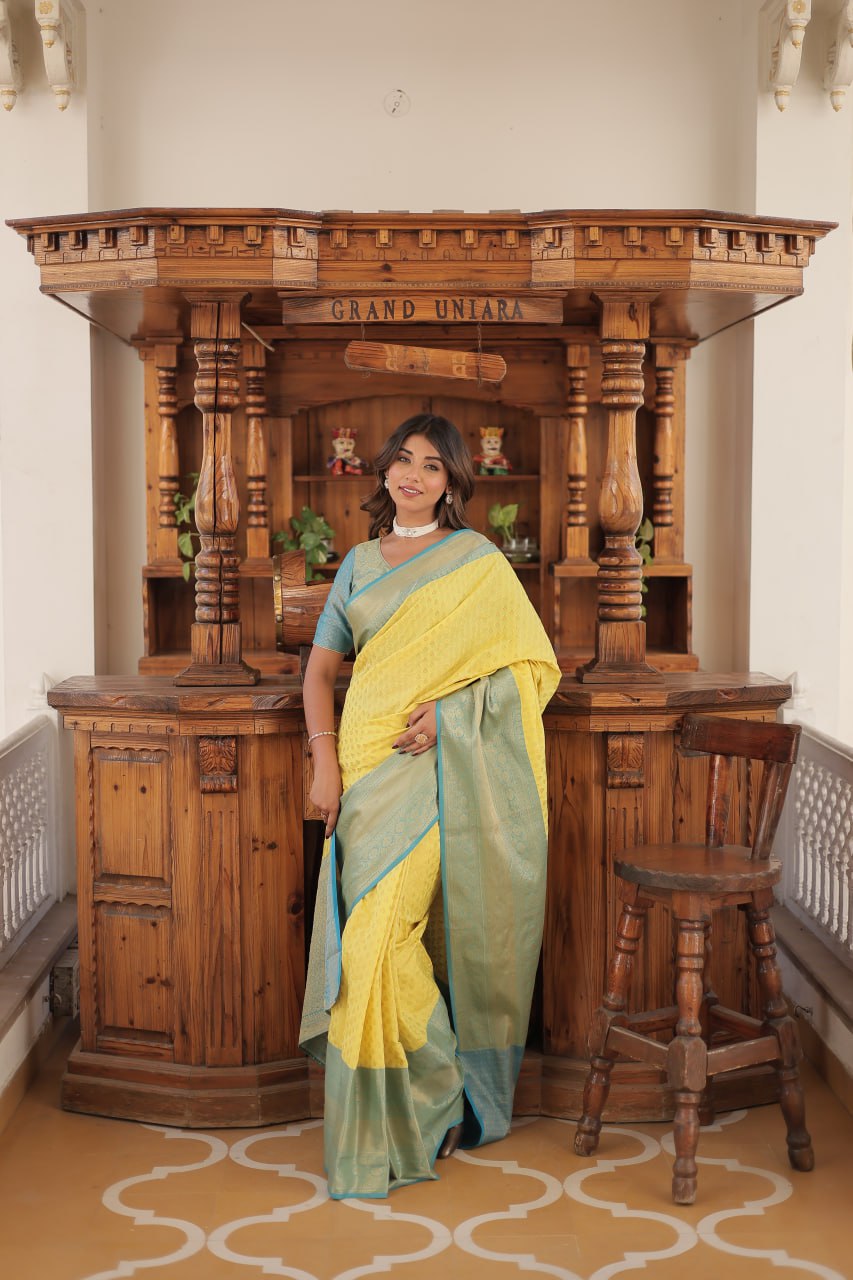 Yellow & Blue Elegant Kanjivaram Silk Saree with Zari Weaving Work