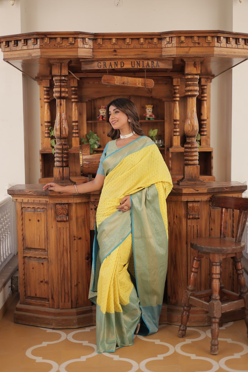 Yellow & Blue Elegant Kanjivaram Silk Saree with Zari Weaving Work