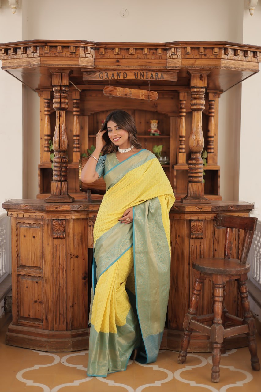 Yellow & Blue Elegant Kanjivaram Silk Saree with Zari Weaving Work