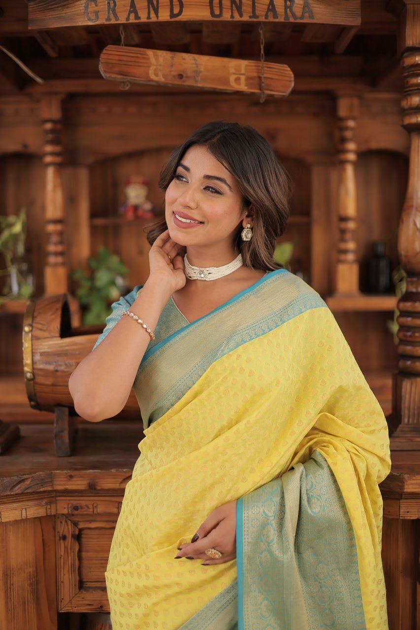 Yellow & Blue Elegant Kanjivaram Silk Saree with Zari Weaving Work