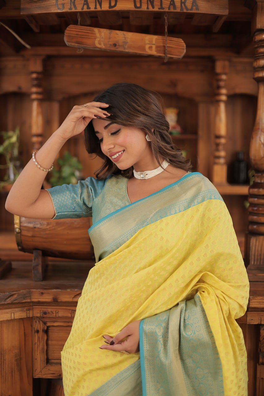 Yellow & Blue Elegant Kanjivaram Silk Saree with Zari Weaving Work