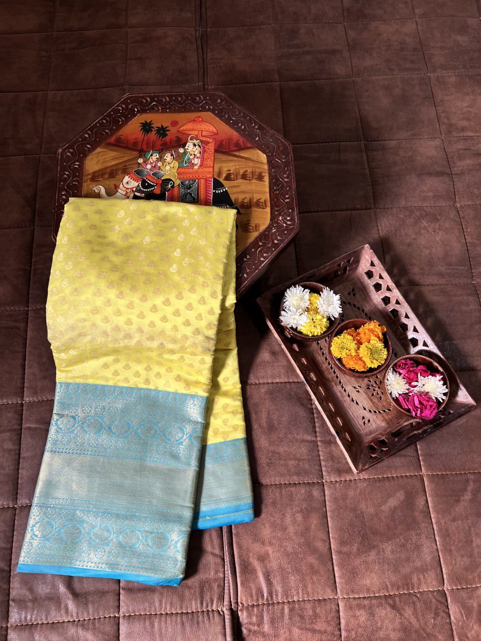 Yellow & Blue Elegant Kanjivaram Silk Saree with Zari Weaving Work