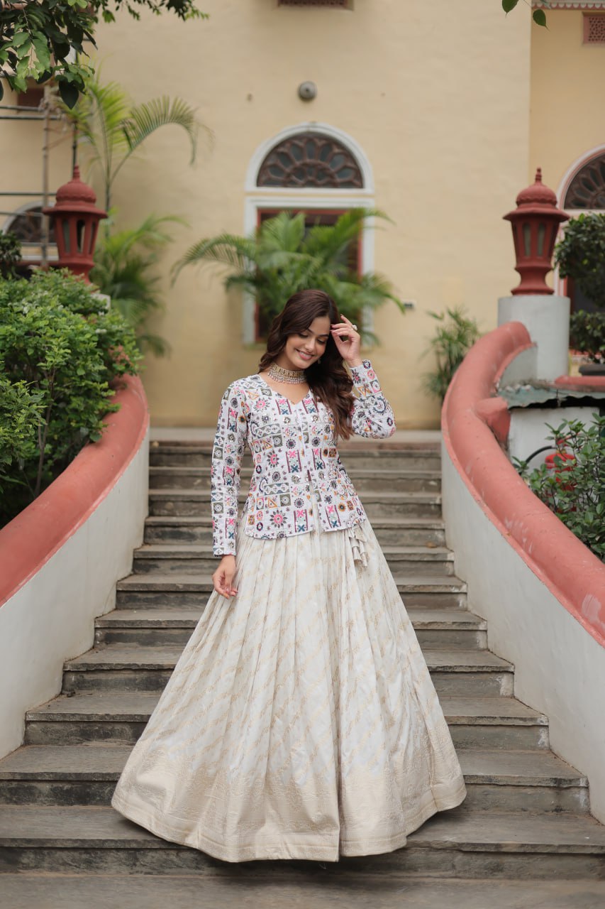 White Elegant Viscose Jacquard Lehenga with Embroidered Faux Georgette Peplum