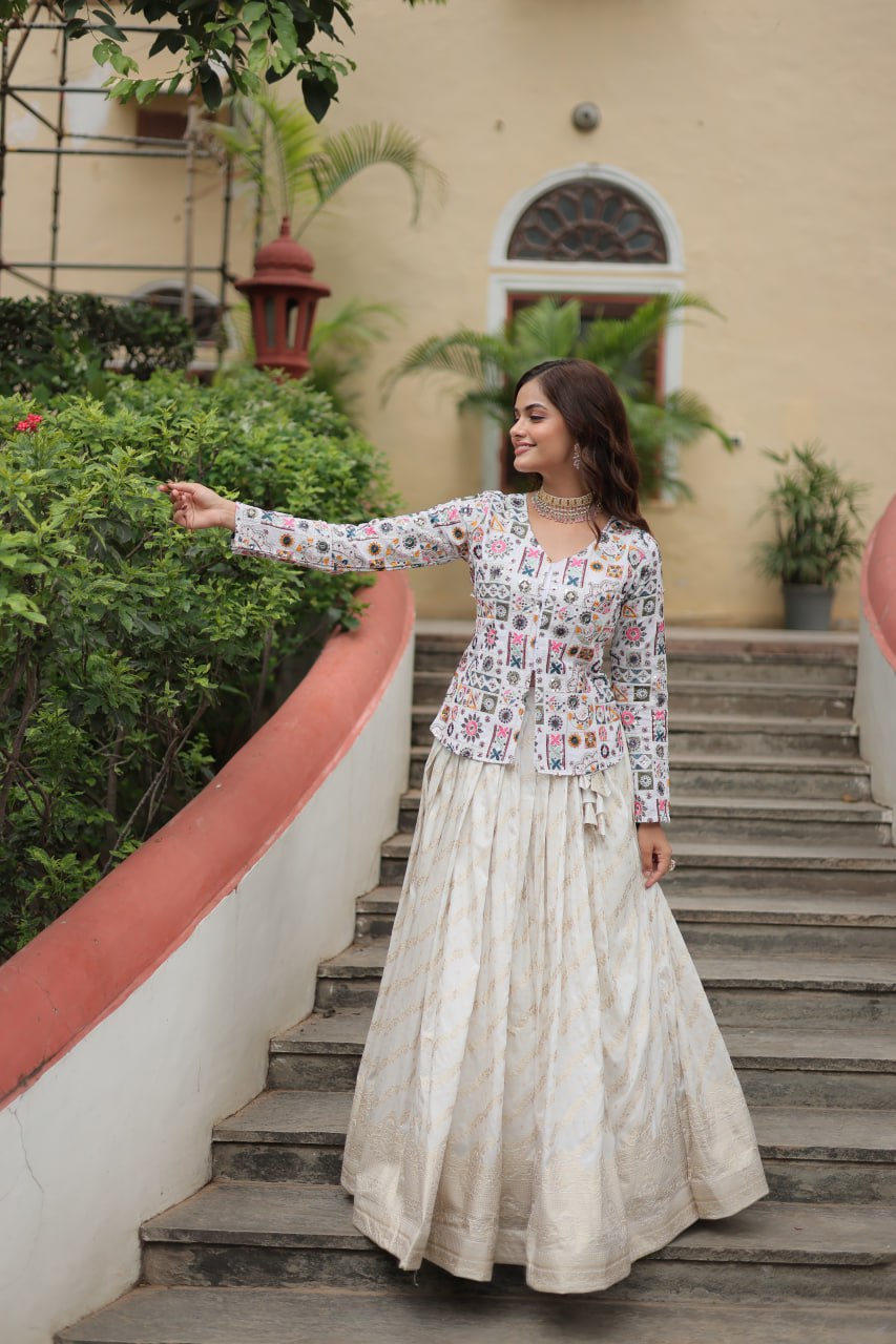 White Elegant Viscose Jacquard Lehenga with Embroidered Faux Georgette Peplum