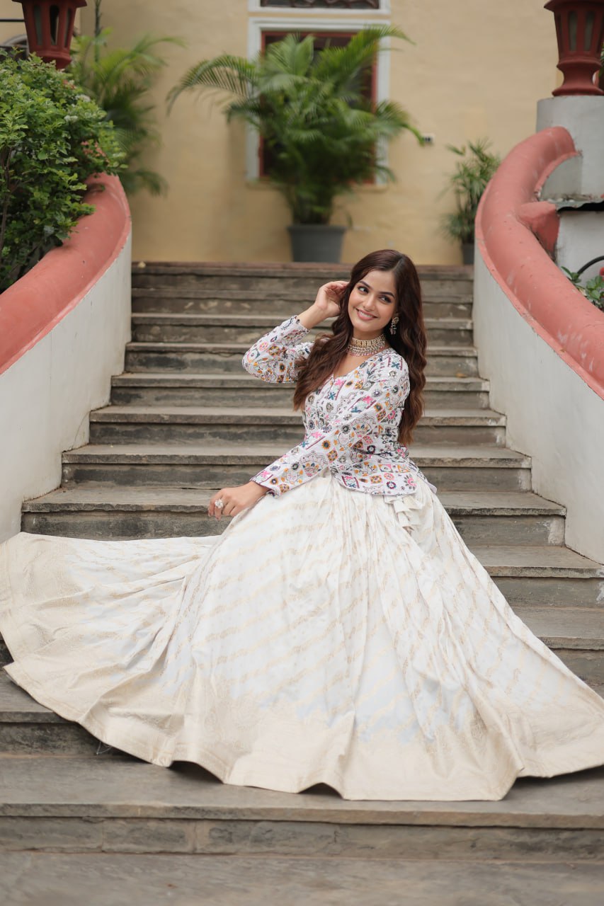 White Elegant Viscose Jacquard Lehenga with Embroidered Faux Georgette Peplum
