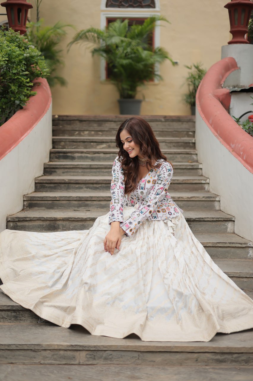 White Elegant Viscose Jacquard Lehenga with Embroidered Faux Georgette Peplum