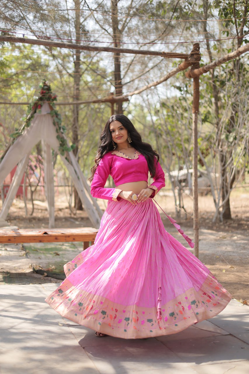 Pink Elegant Dayble Viscose Kalamkari Jari Weaving Lehenga with Designer Blouse