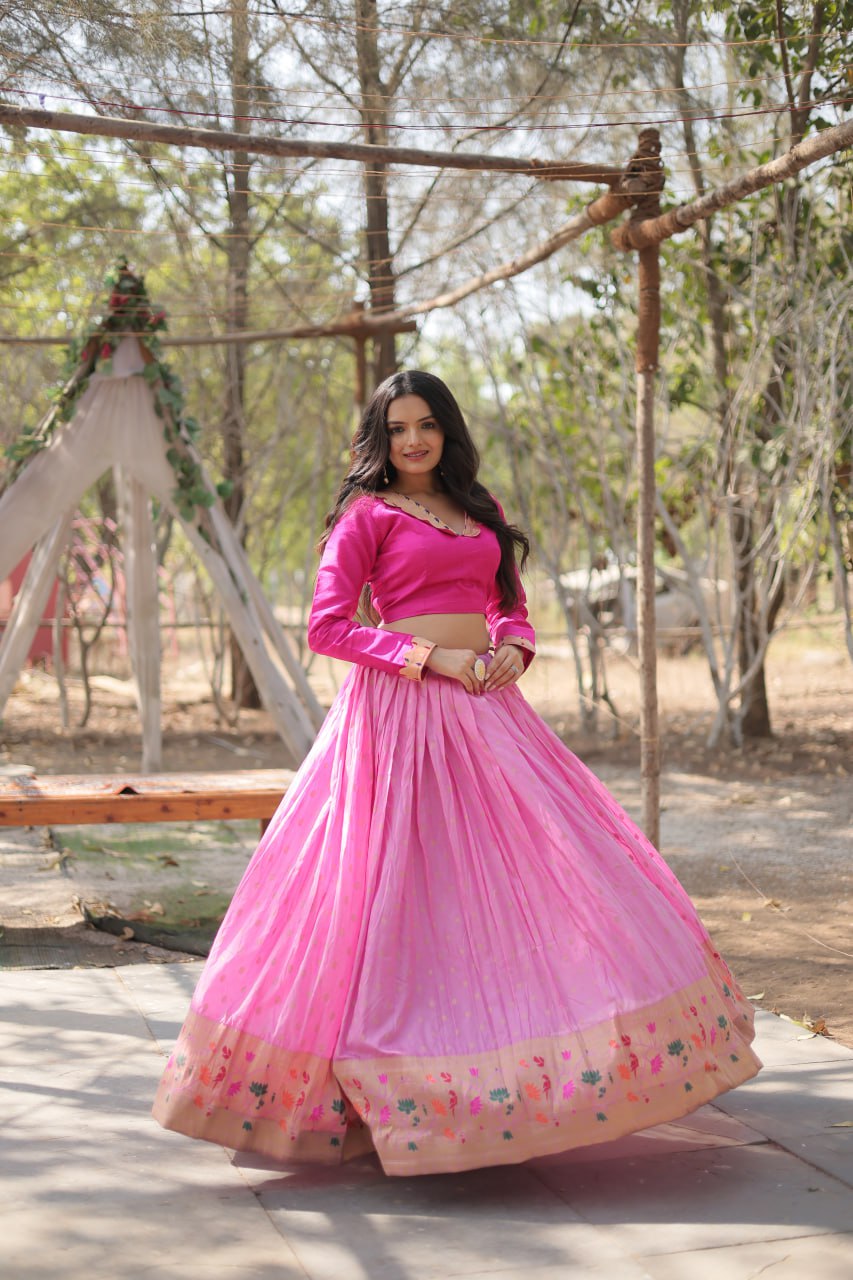 Pink Elegant Dayble Viscose Kalamkari Jari Weaving Lehenga with Designer Blouse