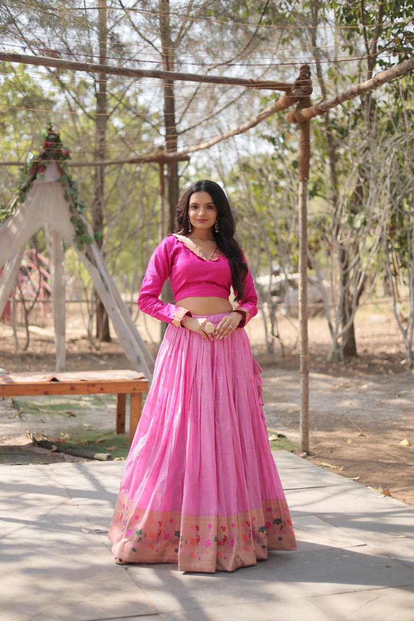 Pink Elegant Dayble Viscose Kalamkari Jari Weaving Lehenga with Designer Blouse