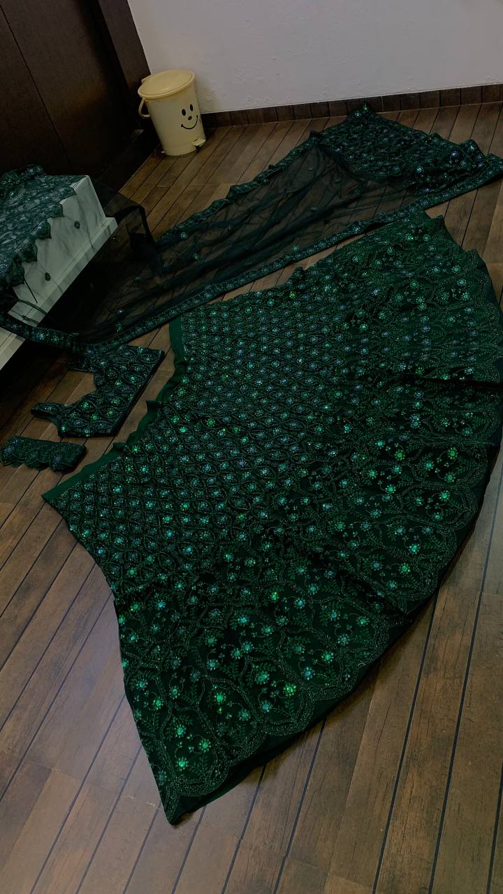 Green Desi Chic Net Lehenga Set with Sequins & Dori Work