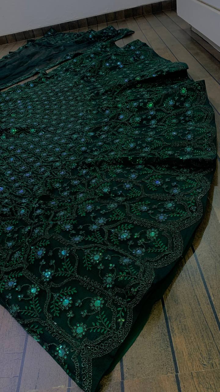 Green Desi Chic Net Lehenga Set with Sequins & Dori Work