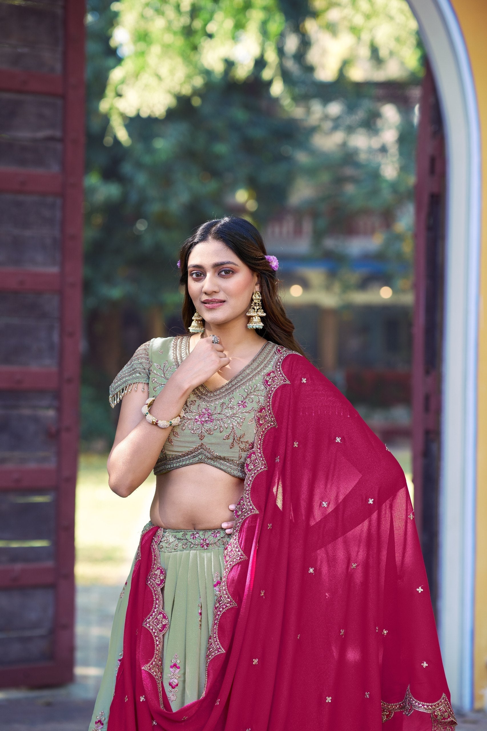 Pista Georgette Embroidered Lehenga