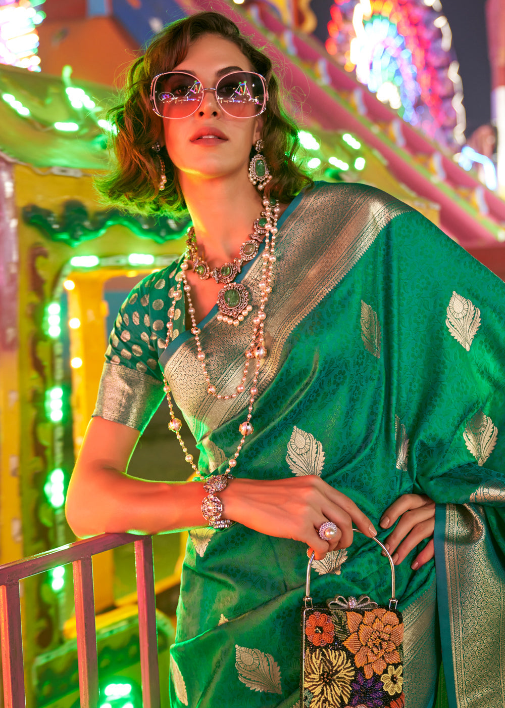Pine Green Floral Printed Banarasi Silk Saree with Zari Woven Pallu