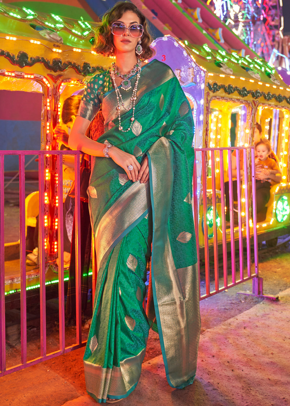 Pine Green Floral Printed Banarasi Silk Saree with Zari Woven Pallu