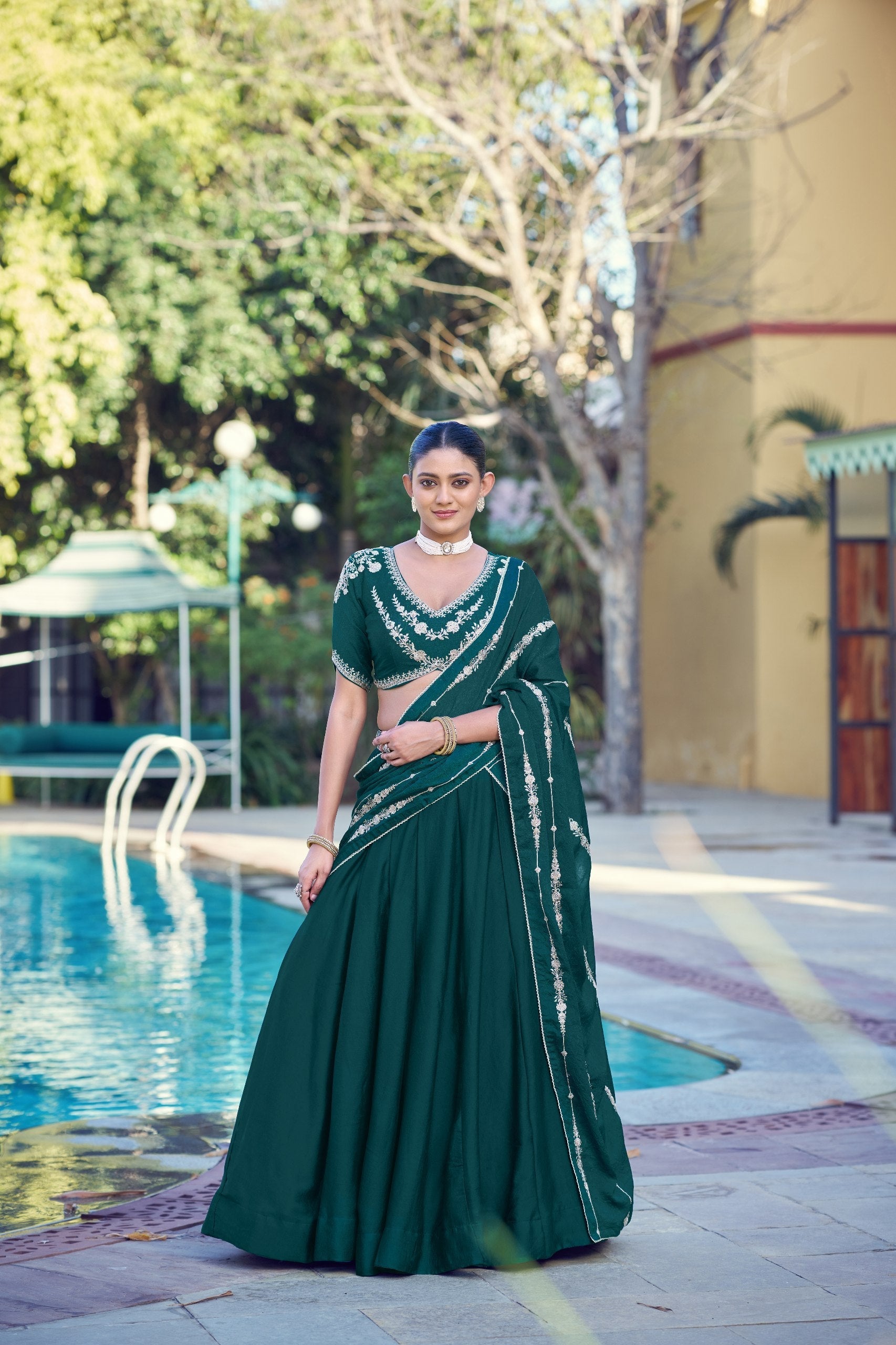 Pine Green Rangoli Crush Lehenga
