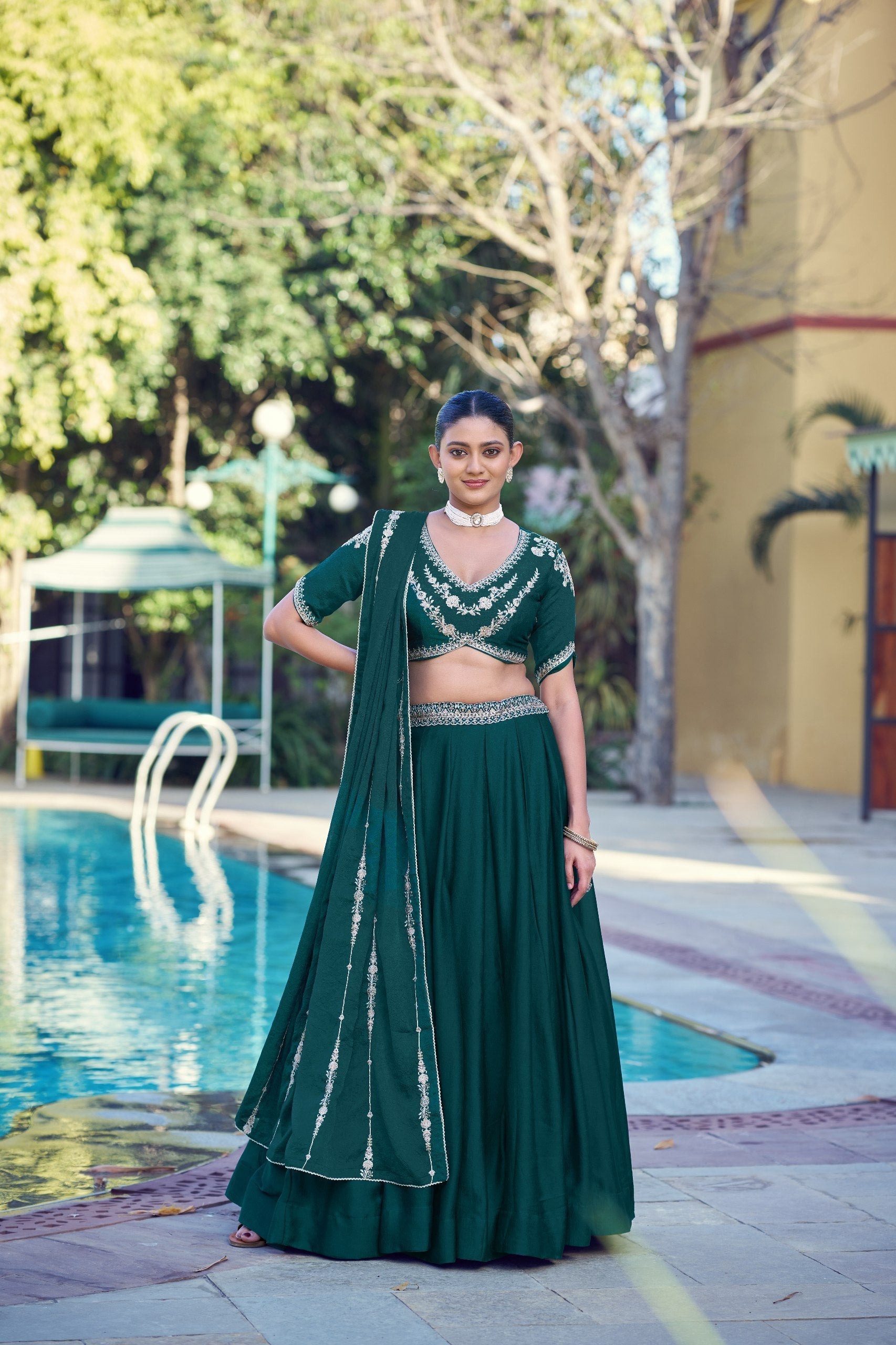 Pine Green Rangoli Crush Lehenga